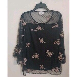 Fyve Floral Babydoll Pullover Tunic Top XL Black Pink Embroidered Fairy Festival